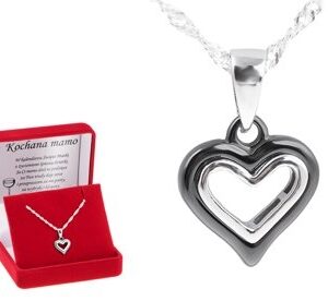 Srebrny komplet z wisiorkiem Serce Czarna Ceramika i SREBRO 925 DEDYKACJA