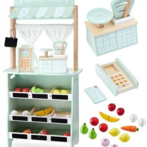 Duży, drewniany sklep - stragan i teatr 2w1 z wagą, terminalem płatniczym, warzywami i owocami