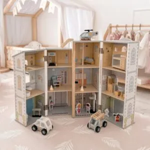 Duża składana remiza strażacka z posterunkiem policji - drewniany zestaw. Straż pożarna i komisariat z akcesoriami.