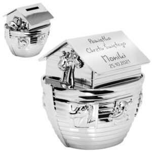 Na chrzest i roczek posrebrzana skarbonka Arka Noego z grawerem