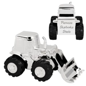 Na chrzest i roczek posrebrzana skarbonka traktor z grawerem