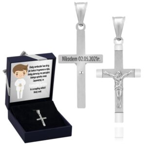 Na Komunię srebrny krzyżyk 925 z Jezusem z grawerem w pudełku