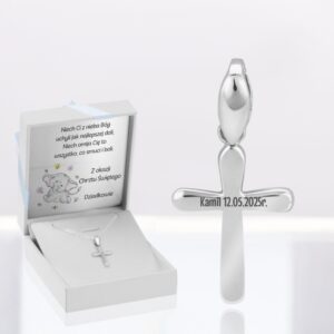 Na Komunię: srebrny krzyżyk 925 z grawerem oraz tabliczką