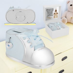 Chrzest: Błękitna skarbonka bucik z grawerem i pudełkiem