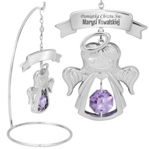 Uśmiechnięty aniołek posrebrzany z kryształem i grawerem na Chrzest
