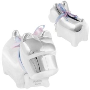 Na chrzest i roczek posrebrzana skarbonka Piesek z grawerem