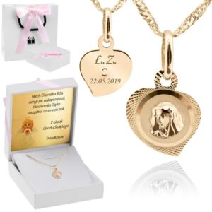 Na Chrzest: złoty medalik serduszko Matka Boska 585 z grawerem