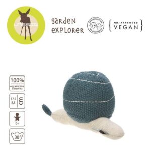 Lassig - Dziergana przytulanka z grzechotką - Garden Explorer - Ślimak - niebieski