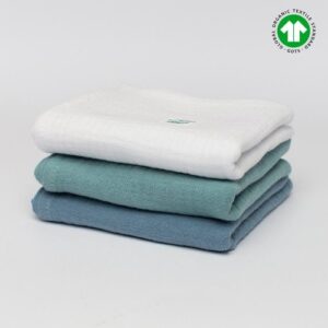 Zestaw trzech pieluszek z muślinu organicznego GOTS | 50x50 cm | 3 szt | biały - eukaliptus - jeans