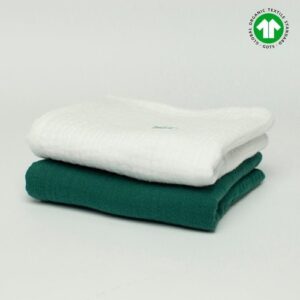 Zestaw 2 pack pieluszek z muślinu organicznego 50x50 GOTS biały - butelkowa zieleń