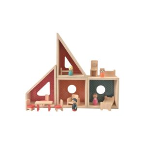 DREWNIANY DOMEK z figurkami i mebelkami