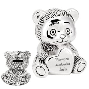 Posrebrzana skarbonka miś z sercem na chrzest roczek z Grawerem