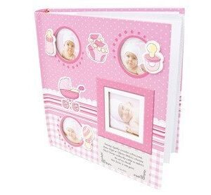 Album Różowy butelka, buciki, smoczek, wózek i grzechotka 10 x15 prezent na chrzest z grawerem