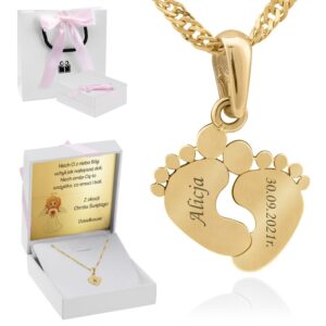 Złote Stópki pr. 585 / Wisiorek plus Łańcuszek / Prezent dla Żony / Prezent dla Młodej Mamy / Indywidualny Grawer i Dedykacja