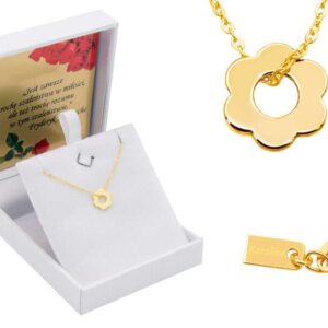 Srebrny Naszyjnik pr. 925 kwiatek złocony z zawieszką i blaszką przy zapięciu 41-44,5 cm GRAWER różowa kokardka