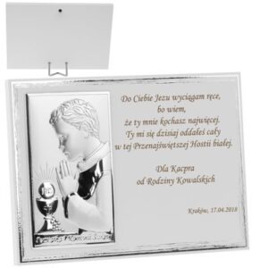 Obrazek Srebrny Biały Panel Chłopiec Pamiątka na I Komunię Św. Grawer