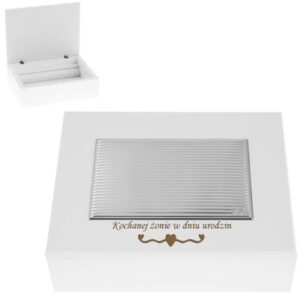 Biała drewniana szkatułka posrebrzana paski Grawer