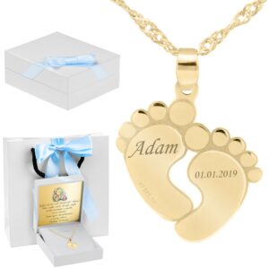 Złoty wisiorek próba 585 Stópki dziecka Prezent z Grawerem