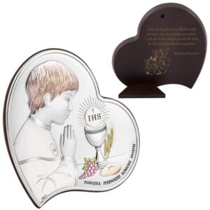 Obrazek srebrny serce 11x11 chłopiec pamiątka na I Komunię Św. Grawer