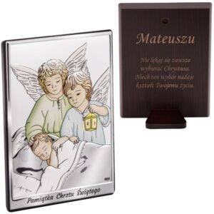 Srebrny obrazek z aniołkami kolorowymi 7x9,5 cm Pamiątka Chrztu z Grawerem