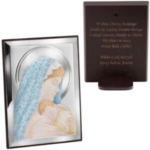 Srebrny obrazek Madonna z Dzieciątkiem Pamiątka Chrztu Św. z Grawerem