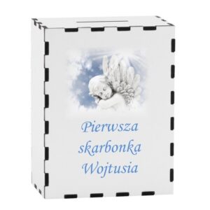 Biała drewniana skarbonka z Nadrukiem w kolorze