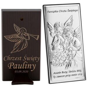 Obrazek Srebrny Anioł Stróż 14,3x7,3 cm Pamiątka Chrztu Grawer
