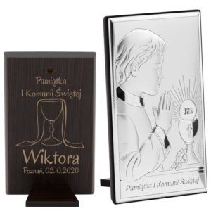 Obrazek Srebrny Chłopiec Pamiątka na I Komunię Św. Grawer 6,5x11 cm
