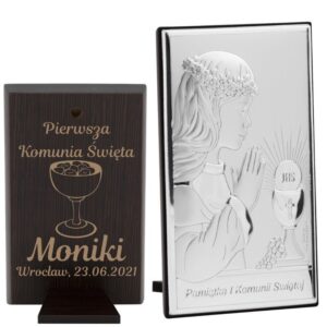 Obrazek Srebrny Dziewczynka Pamiątka na I Komunię Św. Grawer 6,5x11 cm