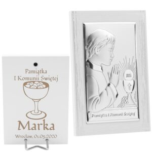 Obrazek Srebrny Chłopiec Pamiątka na I Komunię Św. Grawer 9x13,5 cm
