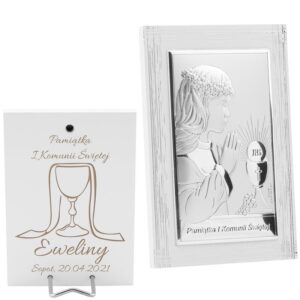 Obrazek Srebrny Dziewczynka Pamiątka na I Komunię Św. Grawer 9x13,5 cm