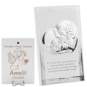 Srebrny Obrazek Anioł Stróż z latarenką 9,5x13 cm Pamiątka na chrzest z Grawerem