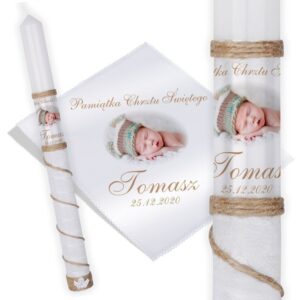 Świeca i szatka na chrzest ze zdjęciem dziecka kokardka ze sznurka