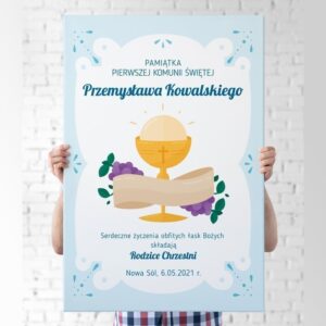 Obraz na komunie kielich z Hostią w błękicie 40x60 cm