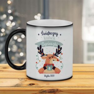 Kubek magiczny na Święta z reniferem i zdjęciem / prezent na Święta, Mikołajki / matowy