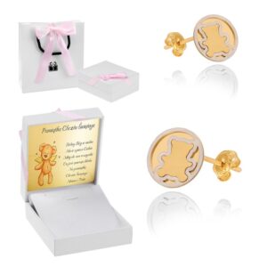 Złote kolczyki misie / Złoto pr. 585 / Prezent dla dziewczynki z dedykacją / Pamiątka Chrztu / Prezent na roczek