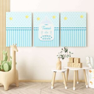 Zestaw 3 obrazy / Baby Shower / Chrzest / Prezent dla Chłopca / Metryczka / Płótno / Personalizowany obraz / Boazeria
