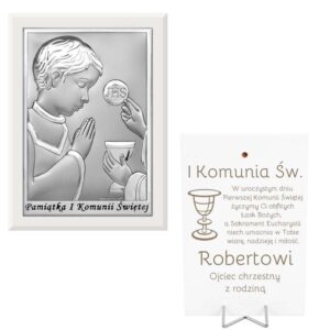 Posrebrzany obrazek z grawerem / Pamiątka Pierwszej Komunii Świętej dla chłopca.