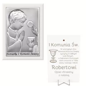 Posrebrzany obrazek z grawerem / Pamiątka Pierwszej Komunii Świętej dla chłopca.