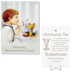 Ręcznie malowany obrazek z grawerem / Pamiątka Pierwszej Komunii Świętej dla chłopca.