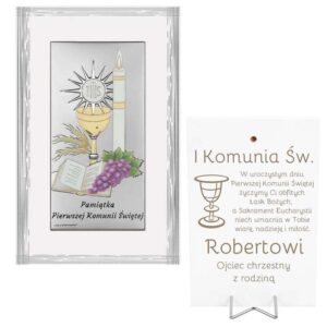 Posrebrzany obrazek z grawerem / Pamiątka Pierwszej Komunii Świętej dla chłopca dziewczynki