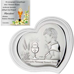 Obrazek srebrny na białym drewnie chłopiec Grawer Pamiątka na I Komunia Św. z Dedykacją