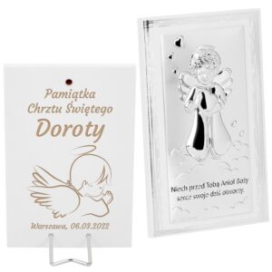 Obrazek na Chrzest z Grawerem - Anioł / posrebrzany /Dla Dziewczynki/ Białe Drewno / 12x9 cm