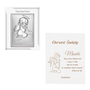 Obrazek posrebrzany /Obrazek Aniołek Na Białym Panelu/ Pamiątka Chrztu Św./Grawer/9x12cm