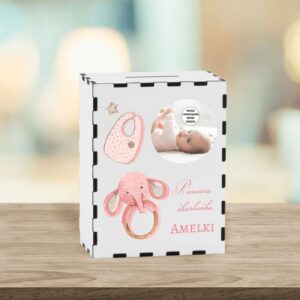 Drewniana skarbonka ze zdjęciem dziecka na roczek na chrzest / Prezent z Nadrukiem