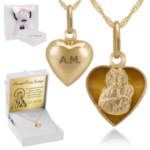 Złoty medalik 585 łańcuszek Matka Boska Prezent na chrzest I Komunię Św. Grawer
