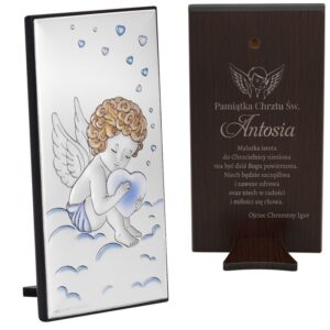 Obrazek z Aniołkiem / Prezent na chrzest dla chłopca / Własny Grawer / Posrebrzany