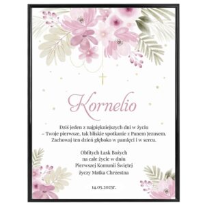Plakat na Komunię dla dziewczynki / Pamiątka Komunii z dedykacją / Własny Nadruk / Kwiatki / Ramka ze szkłem