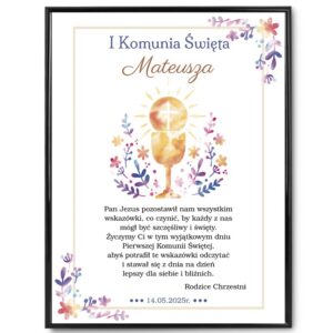 Plakat na Komunię / Pamiątka Pierwszej Komunii / z dedykacją / Prezent na Komunię od Chrzestnych / Szkło