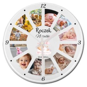 Okrągły szklany zegar z personalizacją UV - elegancki Prezent na Roczek/ 12 zdjęć / średnica 20 cm